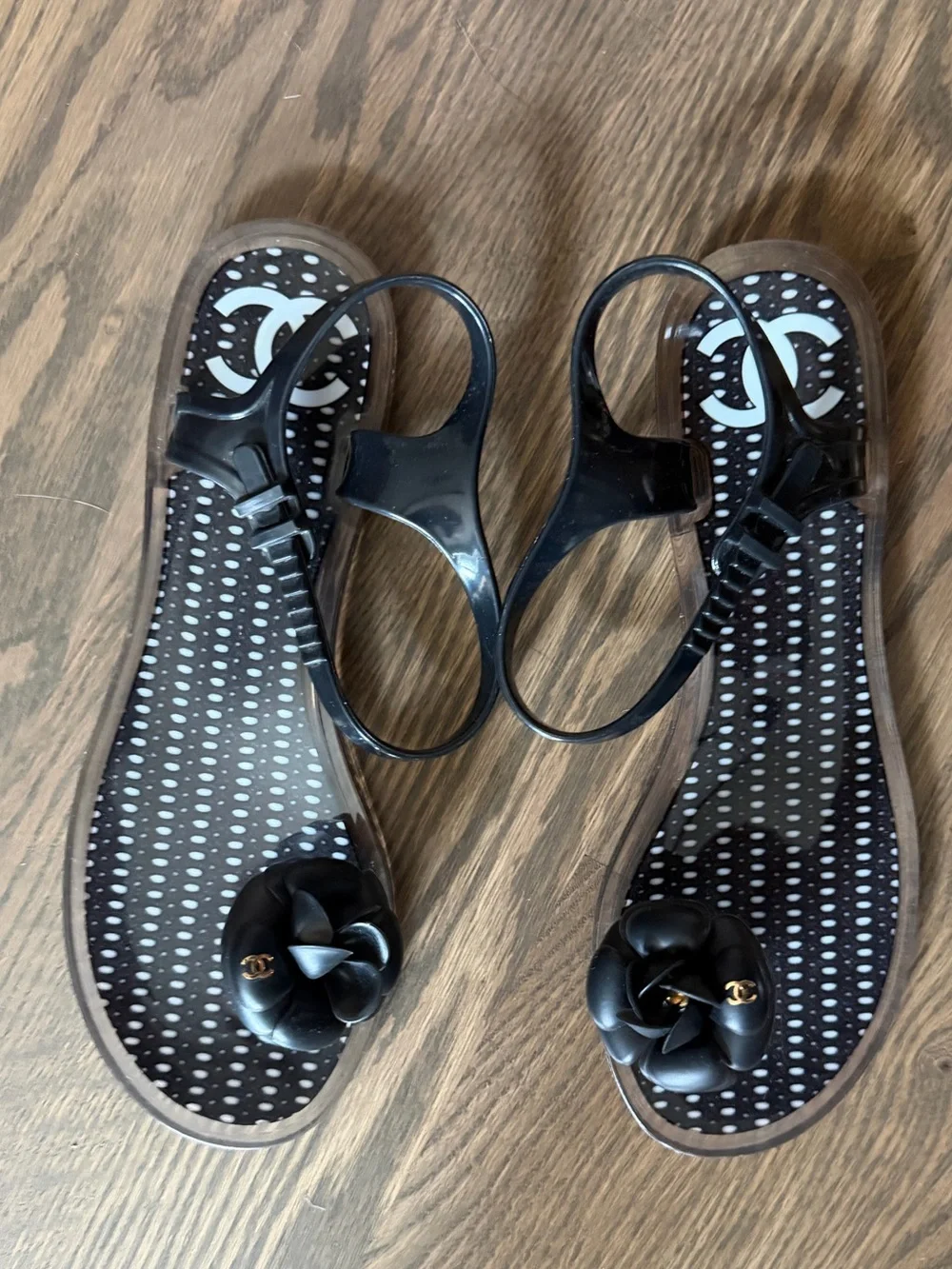 CHANEL Black Camellia Jelly Thong Sandals - Women